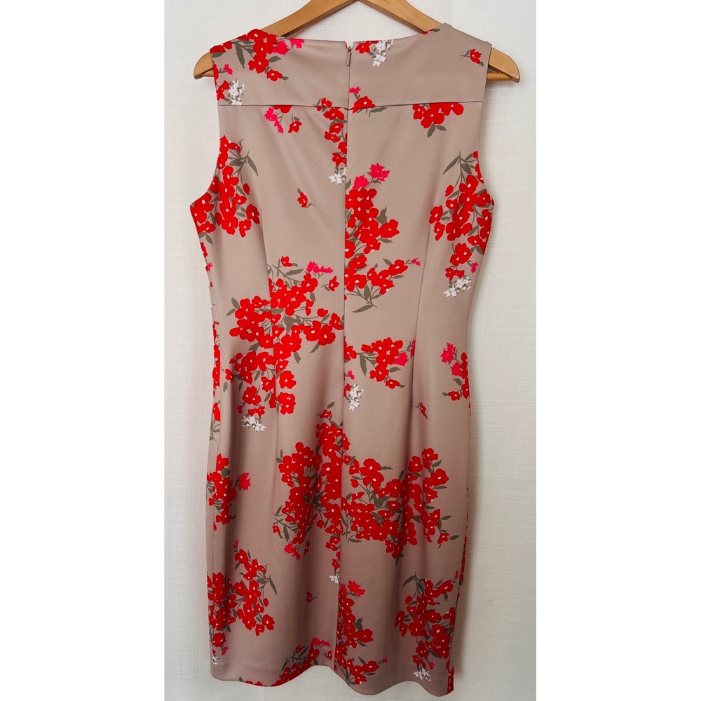 Calvin Klein Floral Sheath Dress Taupe Red Pleated Size 10